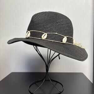 Badgley Mischka Women's Black Straw Hat Puka Shells Coastal Beach Western Y2K